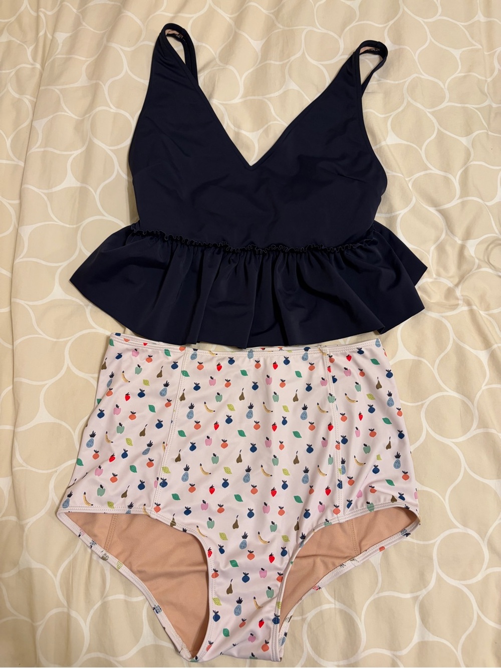Kortni Jeane Navy Peplum Tankini Top with Multicolor High-Waist Bottoms